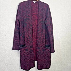 J. Jill Longline Cardigan Sz S Maroon Black Jacquard Pockets Stretch Duster Boho